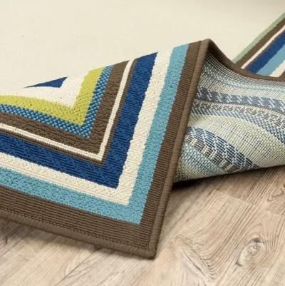 2' X 4' Striped Stain Resistant Indoor / Outdoor Area Rug - Ivory / Blue