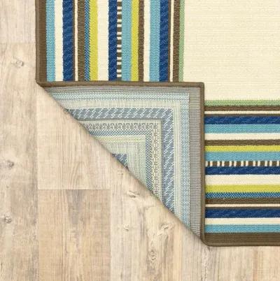 2' X 4' Striped Stain Resistant Indoor / Outdoor Area Rug - Ivory / Blue