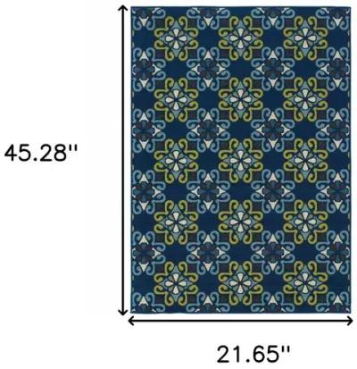 2' X 4' Floral Stain Resistant Outdoor / Indoor Area Rug - Blue / Green