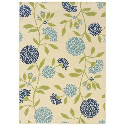 2' X 4' Floral Stain Resistant Outdoor / Indoor Area Rug - Green / Ivory