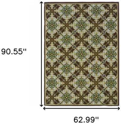 5' X 8' Floral Stain Resistant Indoor / Outdoor Area Rug - Brown / Ivory