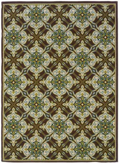 5' X 8' Floral Stain Resistant Indoor / Outdoor Area Rug - Brown / Ivory