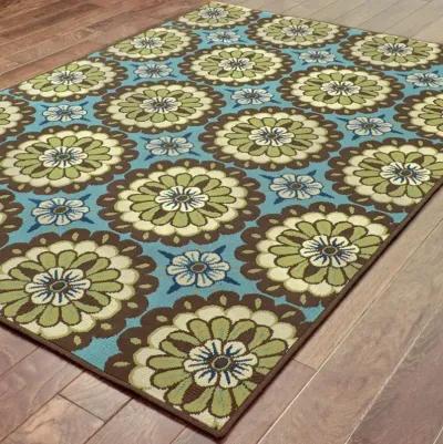 2' X 4' Floral Stain Resistant Indoor & Outdoor Area Rug - Blue / Green