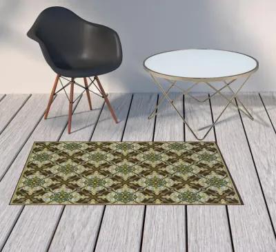 2' X 4' Floral Stain Resistant Area Rug Indoor & Outdoor - Ivory / Brown