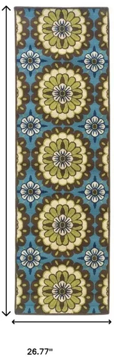 2' X 8' Floral Stain Resistant Outdoor / Indoor Area Rug - Blue / Green