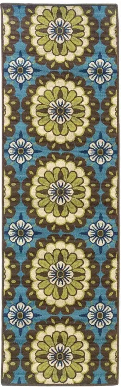 2' X 8' Floral Stain Resistant Outdoor / Indoor Area Rug - Blue / Green