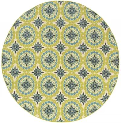 8' X 8' Round Floral Stain Resistant Outdoor / Indoor Area Rug - Green / Ivory