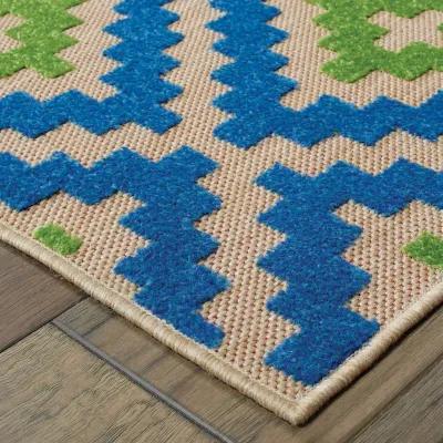 8' X 11' Geometric Stain Resistant Indoor / Outdoor Area Rug - Blue / Beige