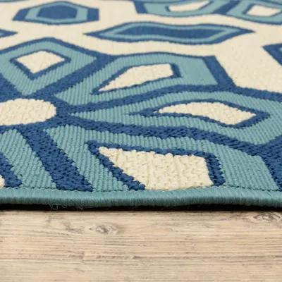 9' X 13' Geometric Stain Resistant Outdoor / Indoor Area Rug - Ivory / Blue