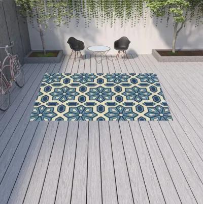 9' X 13' Geometric Stain Resistant Outdoor / Indoor Area Rug - Ivory / Blue