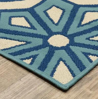 9' X 13' Geometric Stain Resistant Outdoor / Indoor Area Rug - Ivory / Blue