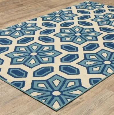 9' X 13' Geometric Stain Resistant Outdoor / Indoor Area Rug - Ivory / Blue