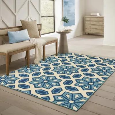 9' X 13' Geometric Stain Resistant Outdoor / Indoor Area Rug - Ivory / Blue