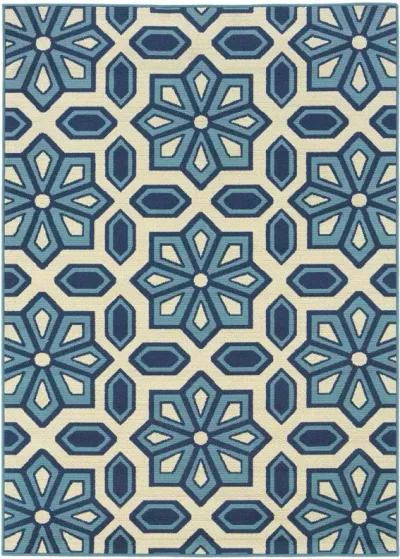 9' X 13' Geometric Stain Resistant Outdoor / Indoor Area Rug - Ivory / Blue