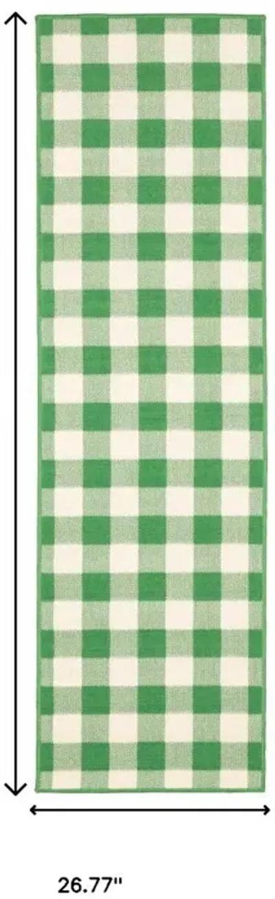 2' X 8' Geometric Stain Resistant Indoor / Outdoor Area Rug - Green / Ivory