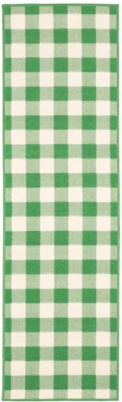 2' X 8' Geometric Stain Resistant Indoor / Outdoor Area Rug - Green / Ivory