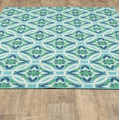 4' X 6' Geometric Stain Resistant Outdoor / Indoor Area Rug - Blue / Green