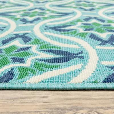 4' X 6' Geometric Stain Resistant Outdoor / Indoor Area Rug - Blue / Green