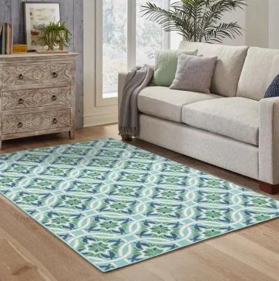 4' X 6' Geometric Stain Resistant Outdoor / Indoor Area Rug - Blue / Green