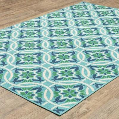 4' X 6' Geometric Stain Resistant Outdoor / Indoor Area Rug - Blue / Green