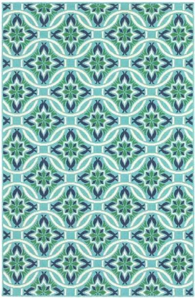 4' X 6' Geometric Stain Resistant Outdoor / Indoor Area Rug - Blue / Green