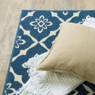 2' X 8' Floral Stain Resistant Outdoor / Indoor Area Rug - Blue / Ivory