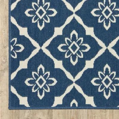 2' X 8' Floral Stain Resistant Outdoor / Indoor Area Rug - Blue / Ivory