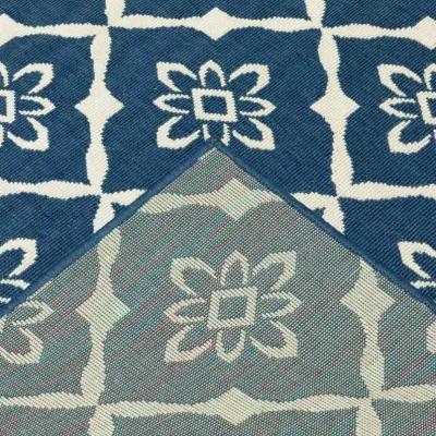 2' X 8' Floral Stain Resistant Outdoor / Indoor Area Rug - Blue / Ivory