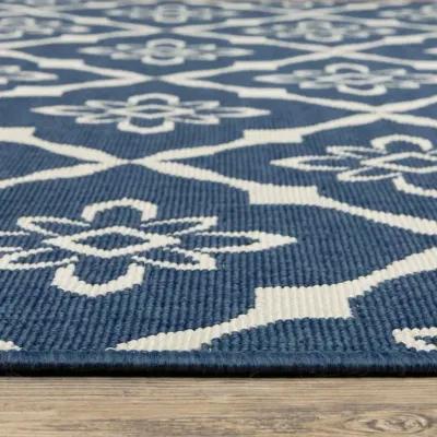 2' X 8' Floral Stain Resistant Outdoor / Indoor Area Rug - Blue / Ivory