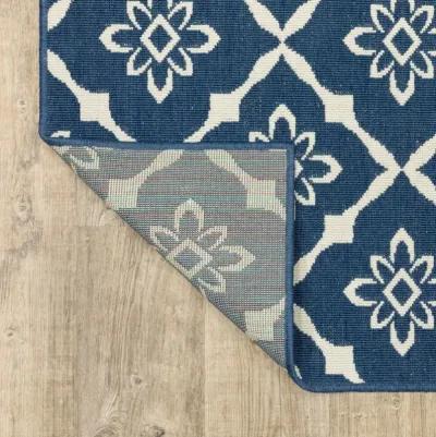 2' X 8' Floral Stain Resistant Outdoor / Indoor Area Rug - Blue / Ivory