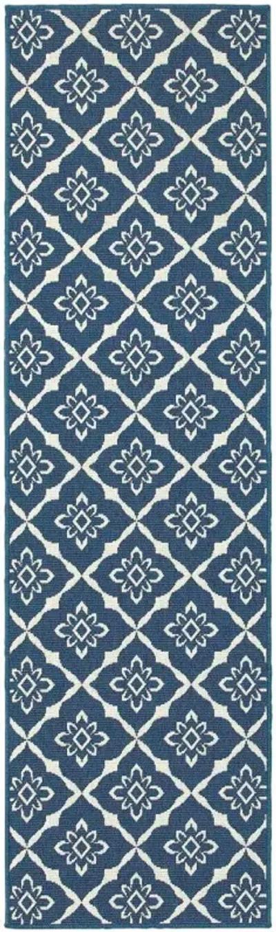 2' X 8' Floral Stain Resistant Outdoor / Indoor Area Rug - Blue / Ivory