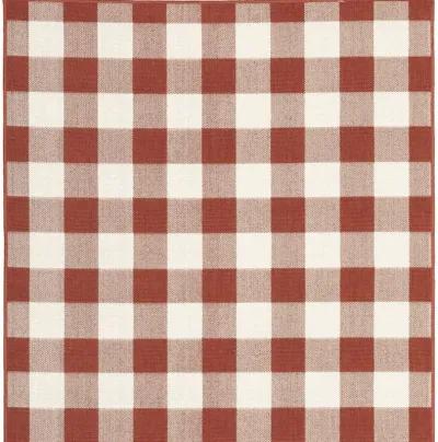 7' X 10' Geometric Stain Resistant Indoor / Outdoor Area Rug - Red / Ivory