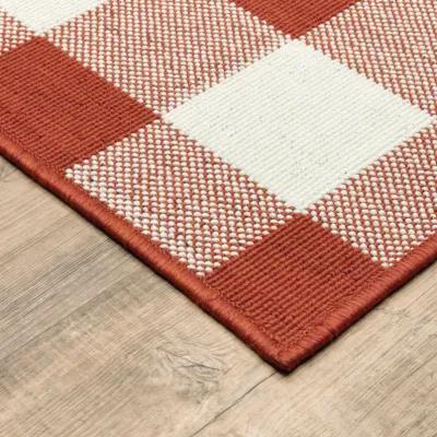 7' X 10' Geometric Stain Resistant Indoor / Outdoor Area Rug - Red / Ivory