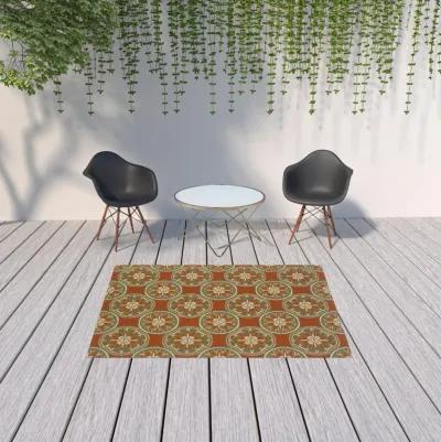 5' X 8' Floral Stain Resistant Indoor & Outdoor Area Rug - Brown / Ivory