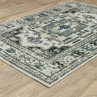 10' X 13' Oriental Stain Resistant Outdoor / Indoor Area Rug - Blue / Beige