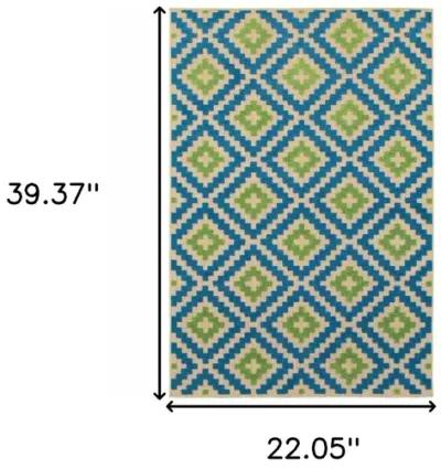 2' X 3' Geometric Stain Resistant Indoor / Outdoor Area Rug - Blue / Beige