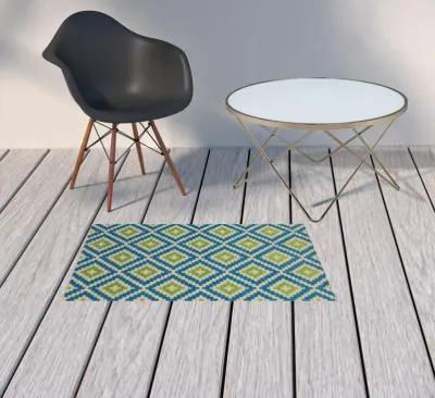 2' X 3' Geometric Stain Resistant Indoor / Outdoor Area Rug - Blue / Beige