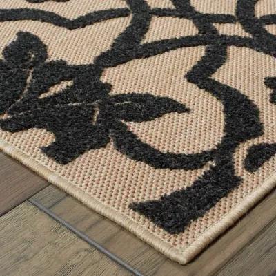 2' X 8' Oriental Stain Resistant Indoor / Outdoor Area Rug - Beige / Black