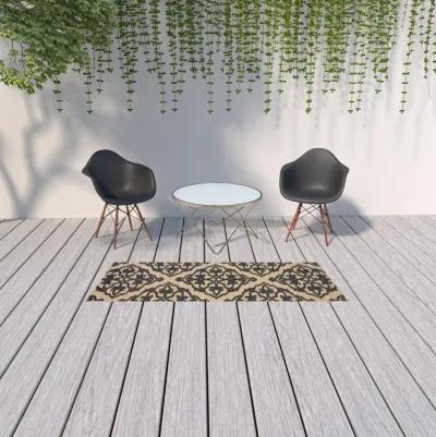 2' X 8' Oriental Stain Resistant Indoor / Outdoor Area Rug - Beige / Black