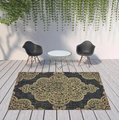 8' X 11' Oriental Stain Resistant Indoor / Outdoor Area Rug - Black / Tan