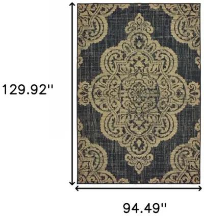 8' X 11' Oriental Stain Resistant Indoor / Outdoor Area Rug - Black / Tan