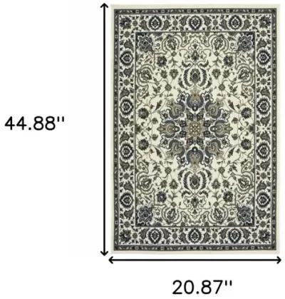 2' X 4' Oriental Stain Resistant Indoor / Outdoor Area Rug - Ivory / Blue