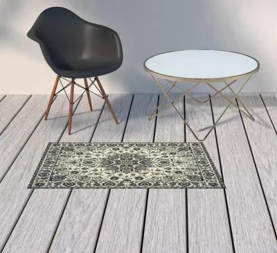 2' X 4' Oriental Stain Resistant Indoor / Outdoor Area Rug - Ivory / Blue