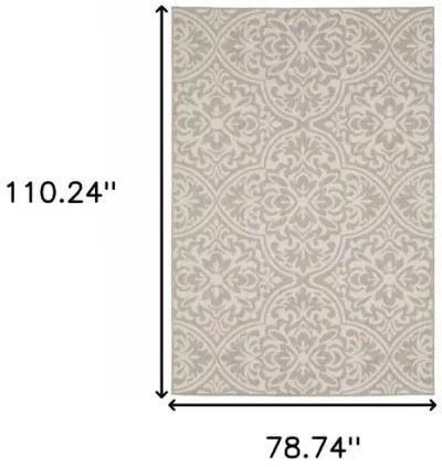 7' X 9' Floral Stain Resistant Indoor / Outdoor Area Rug - Gray / Ivory