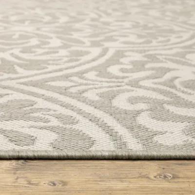 7' X 9' Floral Stain Resistant Indoor / Outdoor Area Rug - Gray / Ivory