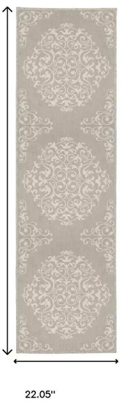 2' X 7' Oriental Stain Resistant Indoor / Outdoor Area Rug - Gray / Ivory