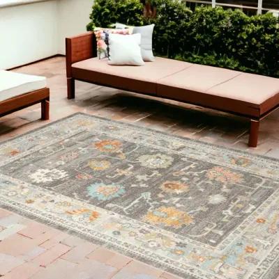 9' X 12' Floral Stain Resistant Indoor / Outdoor Area Rug - Gray / Orange