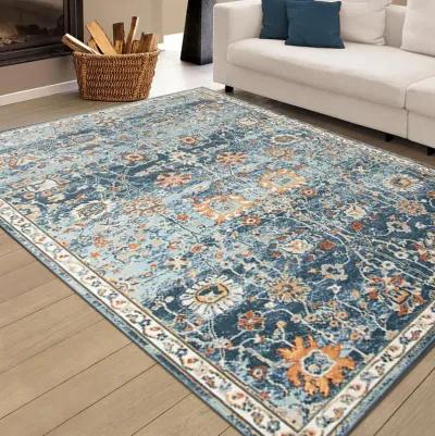 8' X 10' Floral Stain Resistant Outdoor & Indoor Area Rug - Blue / Orange