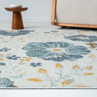 5' X 7' Floral Stain Resistant Indoor / Outdoor Area Rug - Blue White / Yellow