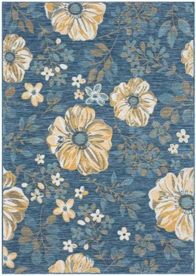 5' X 7' Floral Stain Resistant Indoor / Outdoor Area Rug - Blue White / Yellow